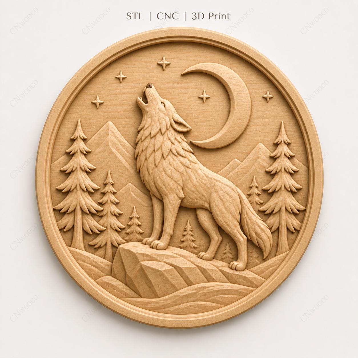 CNC & impression 3D loup hurlant à la lune, STL de haute qualité pour sculpture bois wildlife