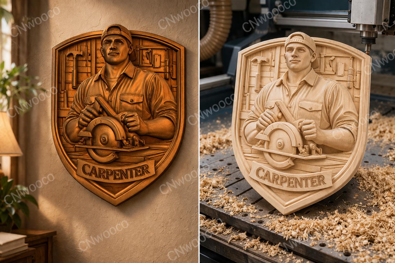 Fichier CNC menuisier atelier, bas-relief bois artisan, décoration murale workshop, cadeau woodworker, modèle gravure 3D STL