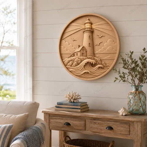 CNC & impression 3D relief phare bord de mer avec vagues, décoration nautique, fichier STL très haute qualité
