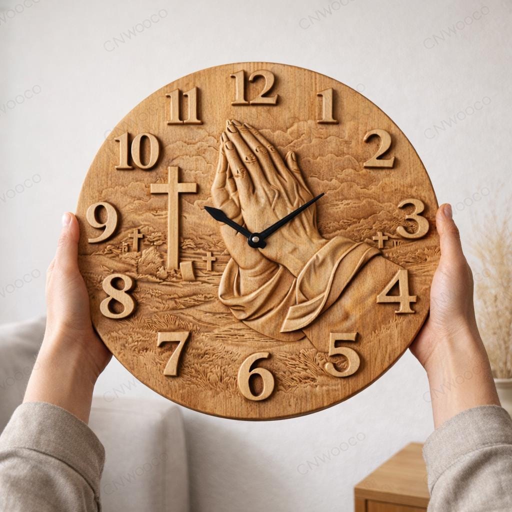 Fichier CNC horloge mains en prière – bas-relief chrétien pour sculpture bois, décoration murale religieuse STL
