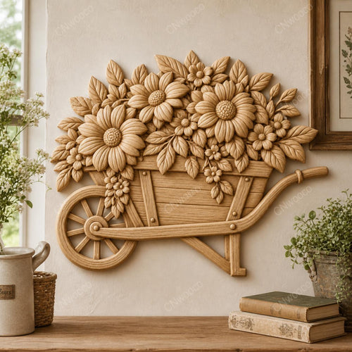 CNC & impression 3D relief brouette remplie de fleurs, décoration jardin floral, fichier STL très haute qualité