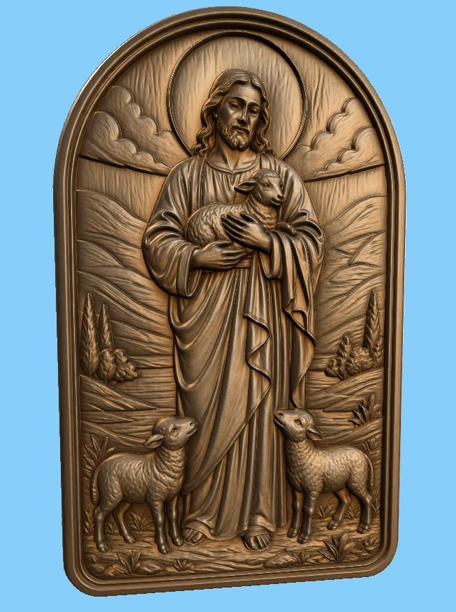 CNC & impression 3D relief Jésus Bon Berger avec agneaux, fichier STL très haute qualité