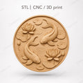 CNC & impression 3D relief poissons koi avec lotus et nénuphars, fichier STL très haute qualité