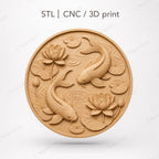 CNC & impression 3D relief poissons koi avec lotus et nénuphars, fichier STL très haute qualité