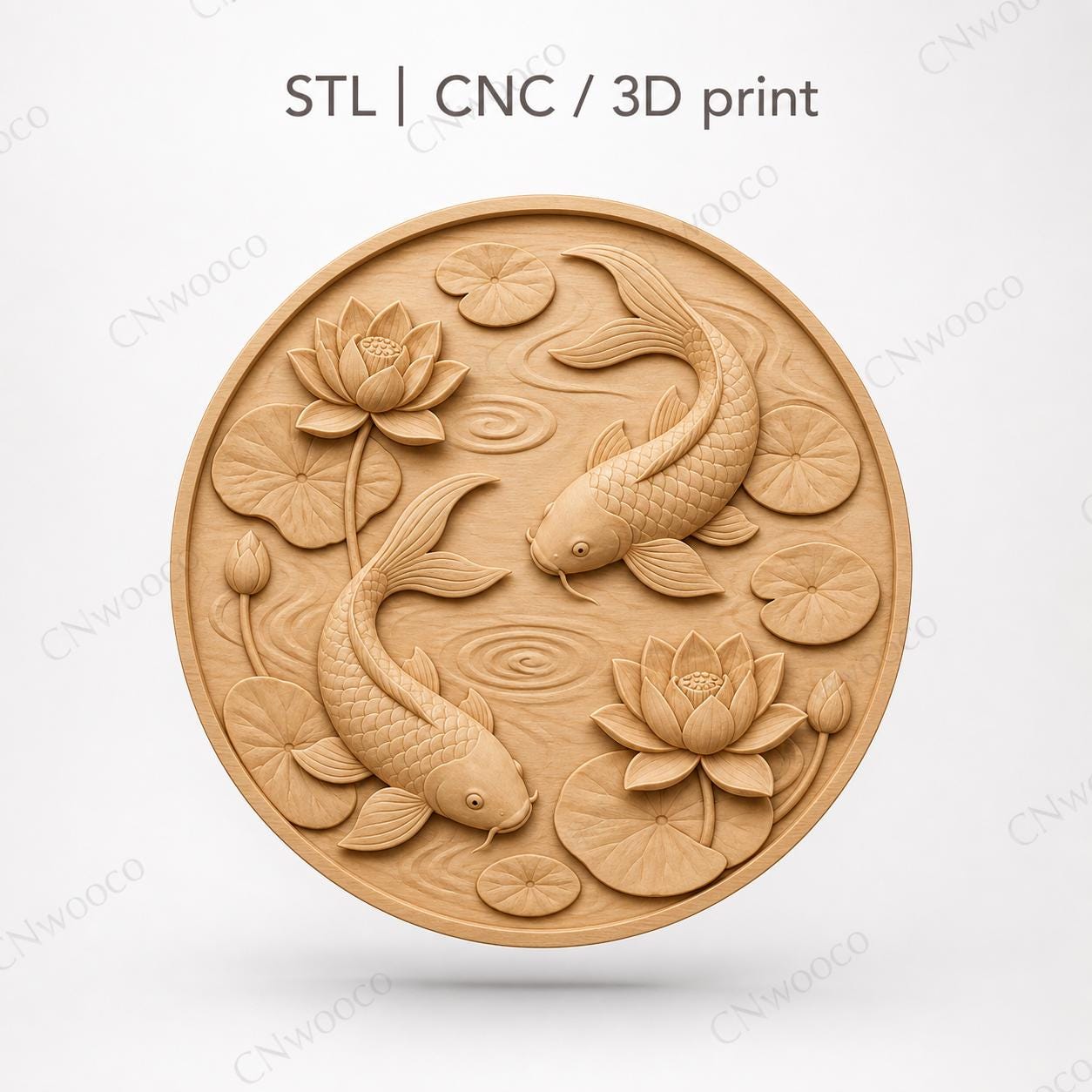 CNC & impression 3D relief poissons koi avec lotus et nénuphars, fichier STL très haute qualité