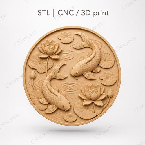 CNC & impression 3D relief poissons koi avec lotus et nénuphars, fichier STL très haute qualité