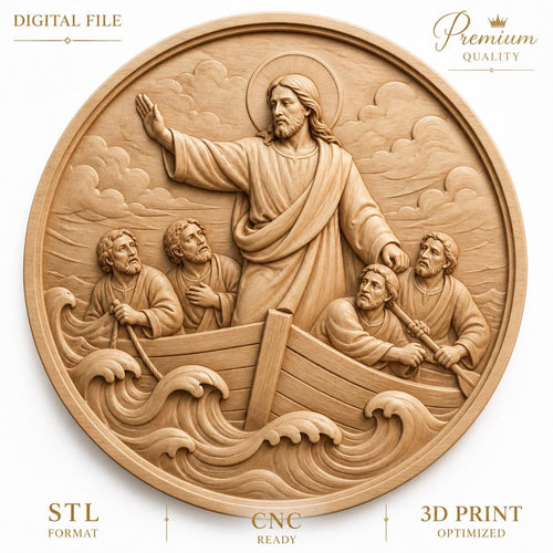 CNC & impression 3D relief Jésus calmant la tempête, scène biblique chrétienne, fichier STL très haute qualité