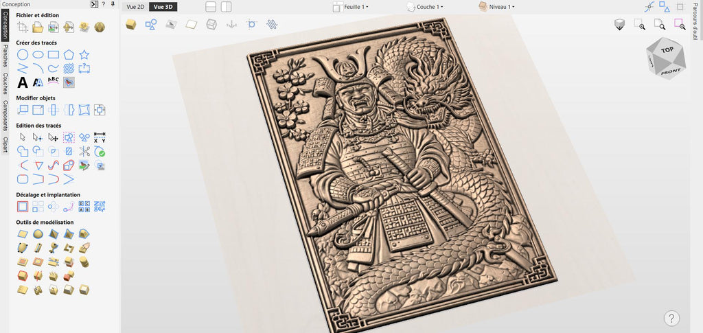 CNC-Datei Samurai-Drache japanisch, Holzrelief Krieger, asiatische Wanddekoration, Holzschnitzerei, 3D STL Gravurmodell