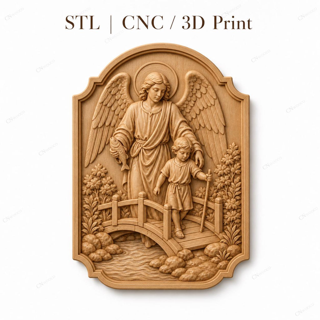 CNC & impression 3D relief ange gardien avec enfant sur un pont, fichier STL très haute qualité