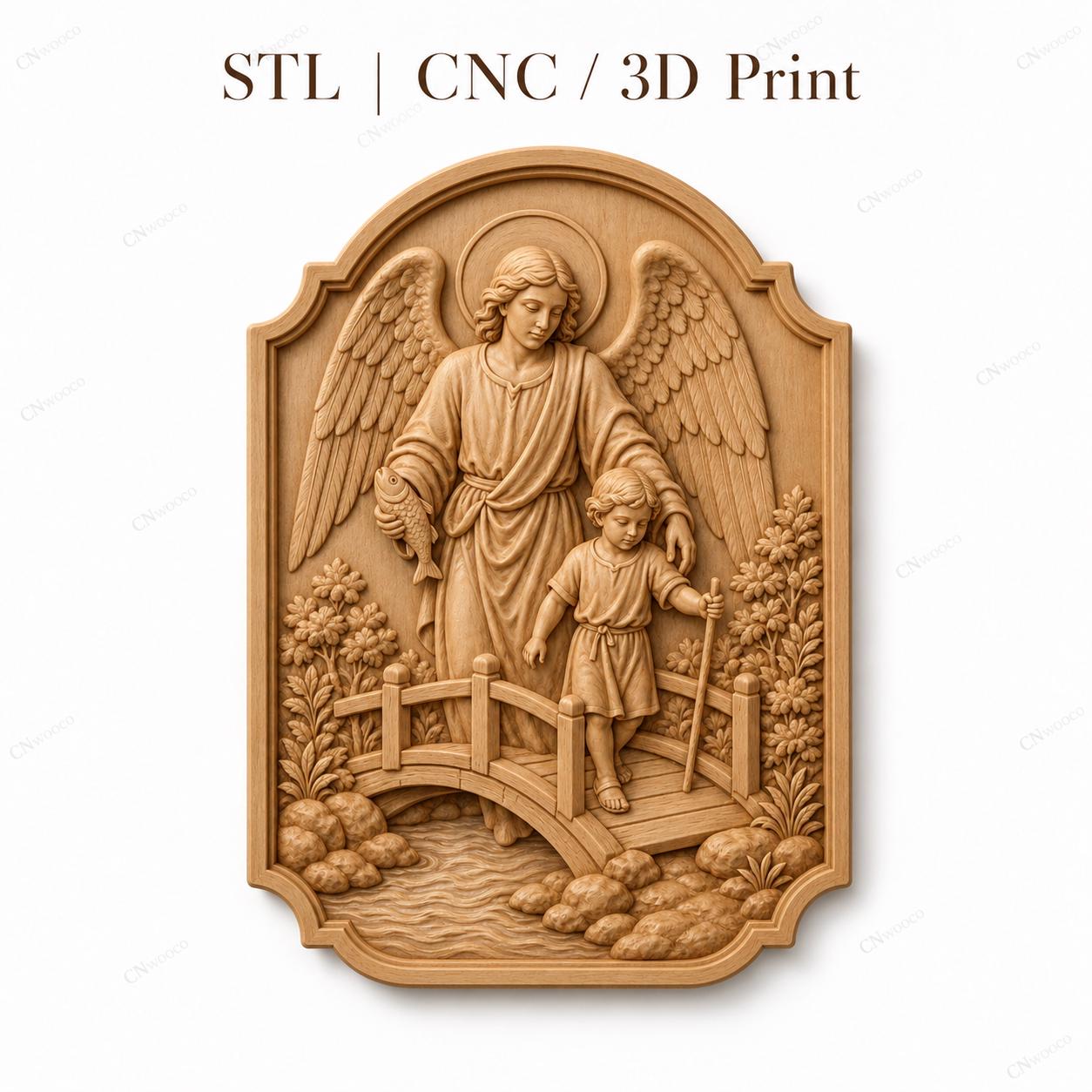 CNC & impression 3D relief ange gardien avec enfant sur un pont, fichier STL très haute qualité