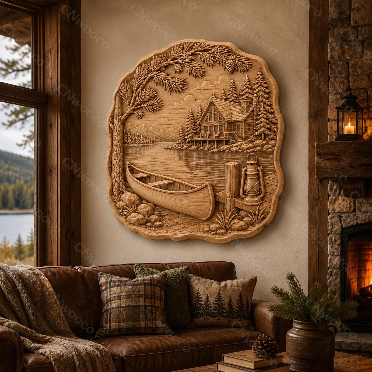CNC & impression 3D chalet au bord du lac avec canoë, fichier STL très haute qualité