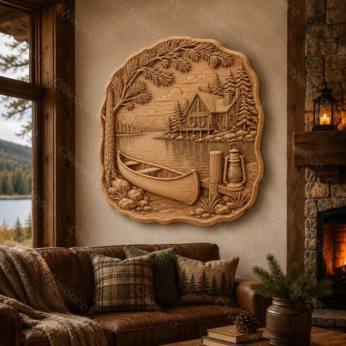 CNC & impression 3D chalet au bord du lac avec canoë, fichier STL très haute qualité