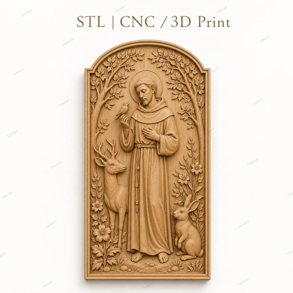 CNC & 3D-Reliefdruck Heiliger Franziskus mit Tieren, sehr hochwertige STL-Datei