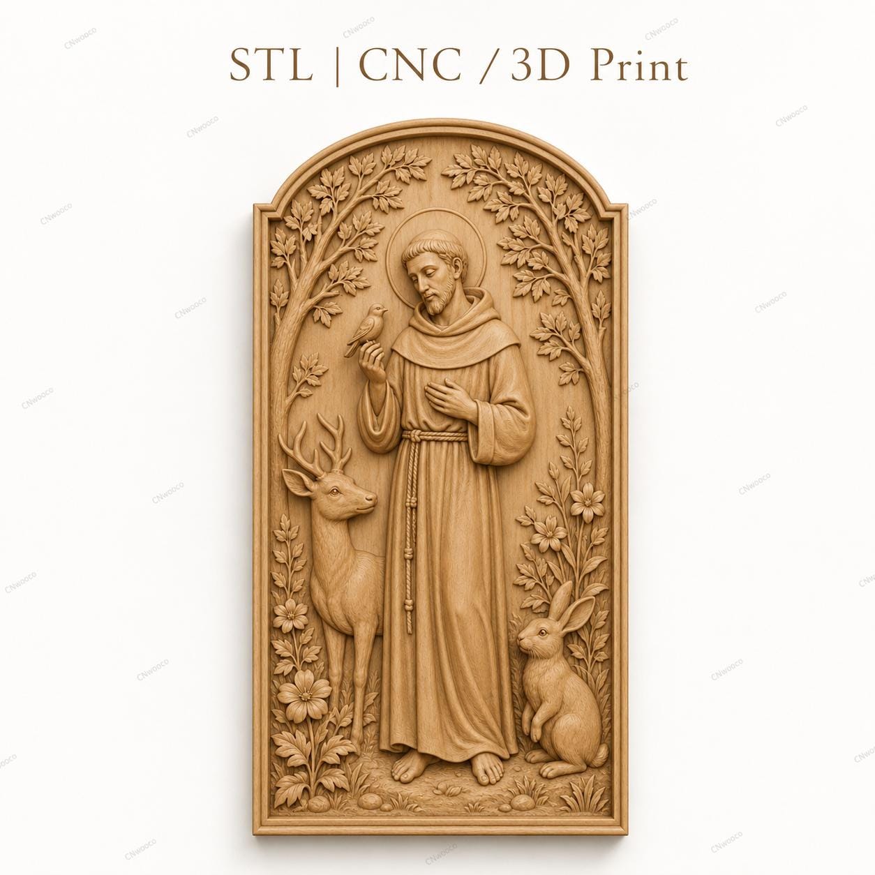 CNC & 3D-Reliefdruck Heiliger Franziskus mit Tieren, sehr hochwertige STL-Datei