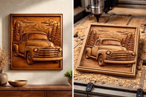 Fichier CNC pickup vintage, bas-relief bois camion classique, décoration murale forêt rustique, sculpture bois, modèle gravure 3D STL
