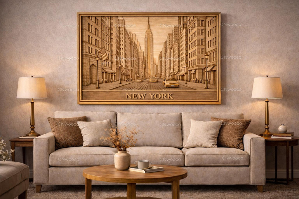 CNC-Datei New York 3D-Basrelief, Wanddekoration Holz Stadt, Holzskulptur, 3D STL Gravurmodell