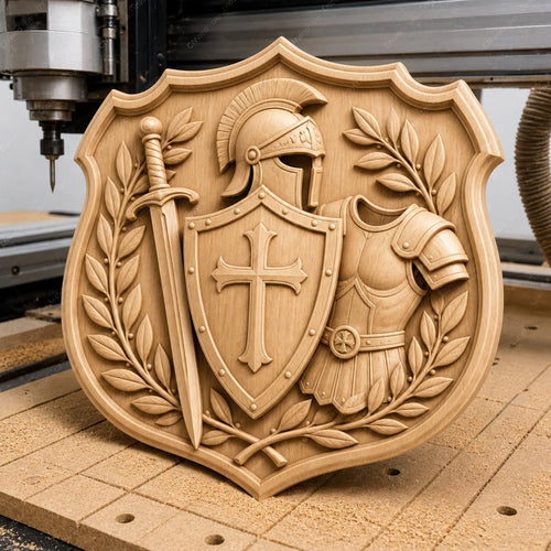 CNC & impression 3D relief armure de chevalier croisé avec épée et bouclier, fichier STL très haute qualité