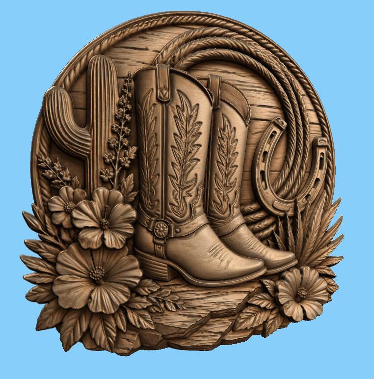 CNC & impression 3D bottes cowboy avec fer à cheval et cactus, fichier STL très haute qualité