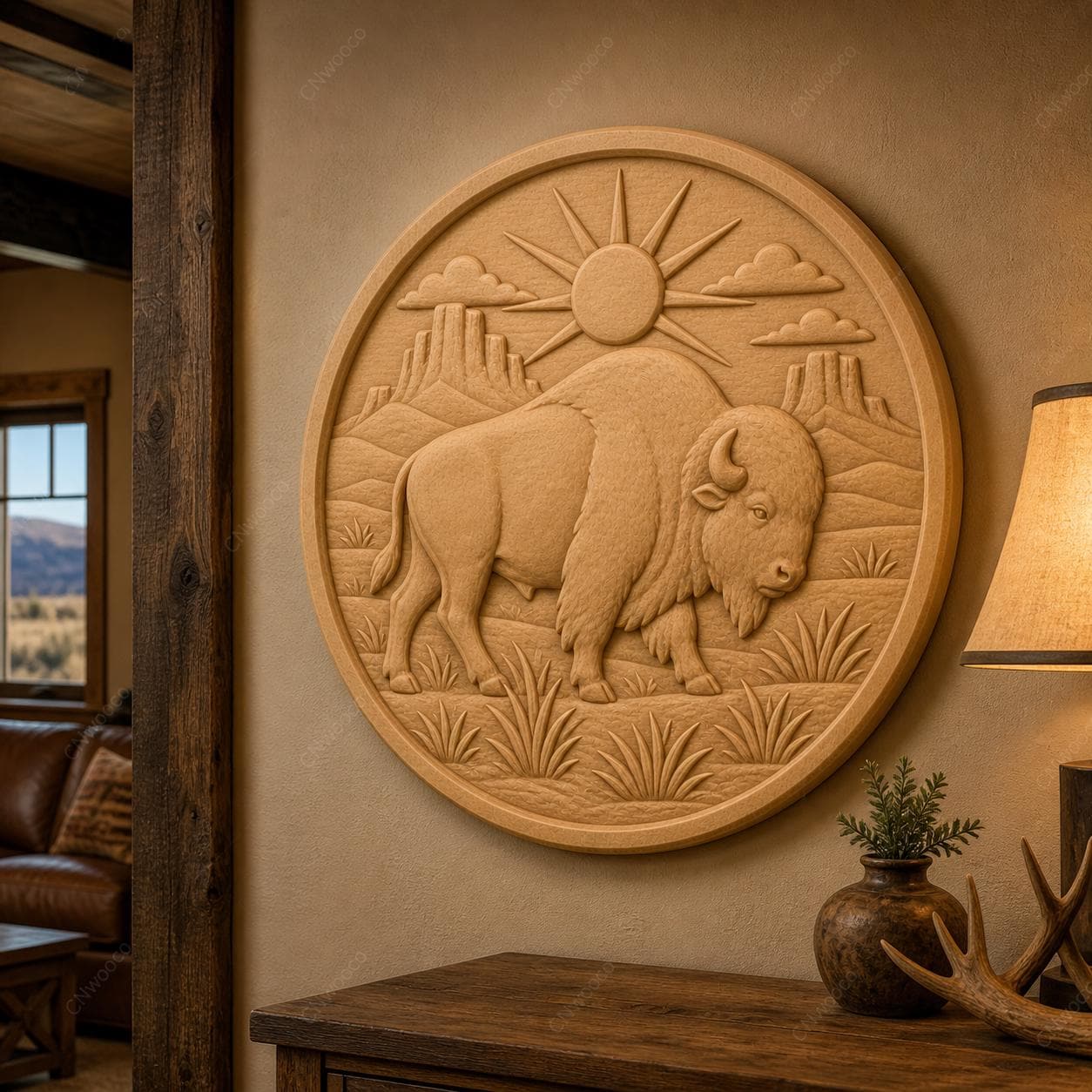 CNC & impression 3D bison western STL, relief buffalo USA pour sculpture bois et décoration ranch