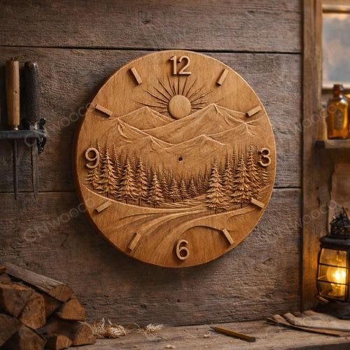 Fichier CNC horloge montagne nature – bas-relief paysage pins pour sculpture bois, décoration murale STL