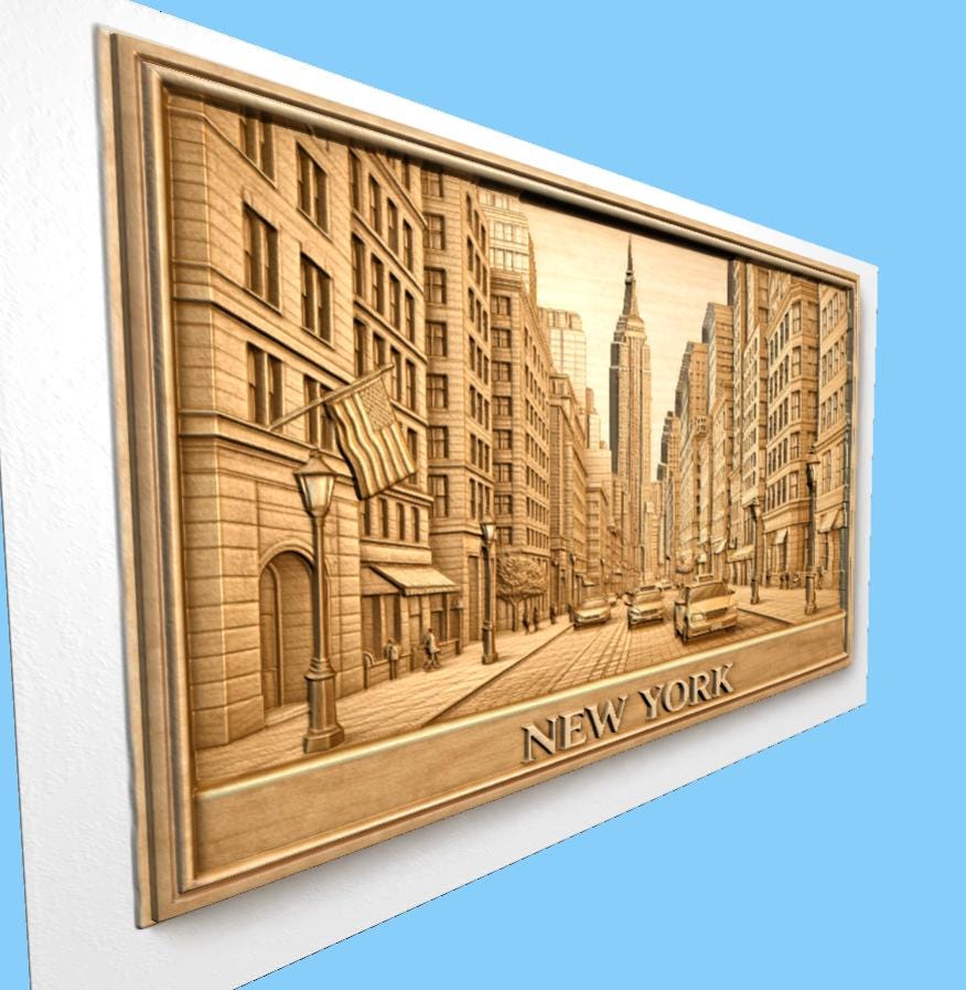 CNC-Datei New York 3D-Basrelief, Wanddekoration Holz Stadt, Holzskulptur, 3D STL Gravurmodell