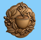 CNC & 3D-Reliefdruck Kaffeetasse mit Bohnen und Blättern, sehr hochwertige STL-Datei