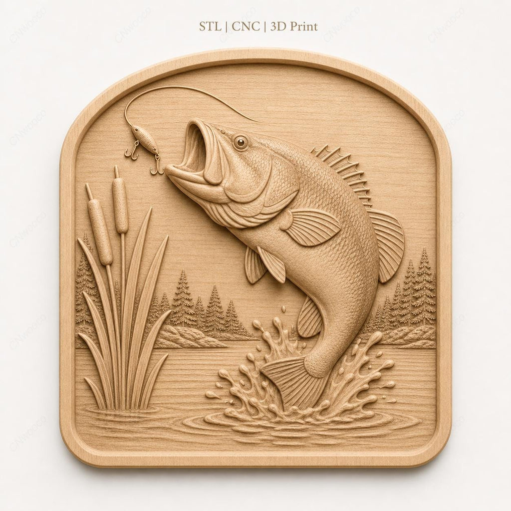 CNC & impression 3D relief poisson bass de pêche avec roseaux, fichier STL très haute qualité
