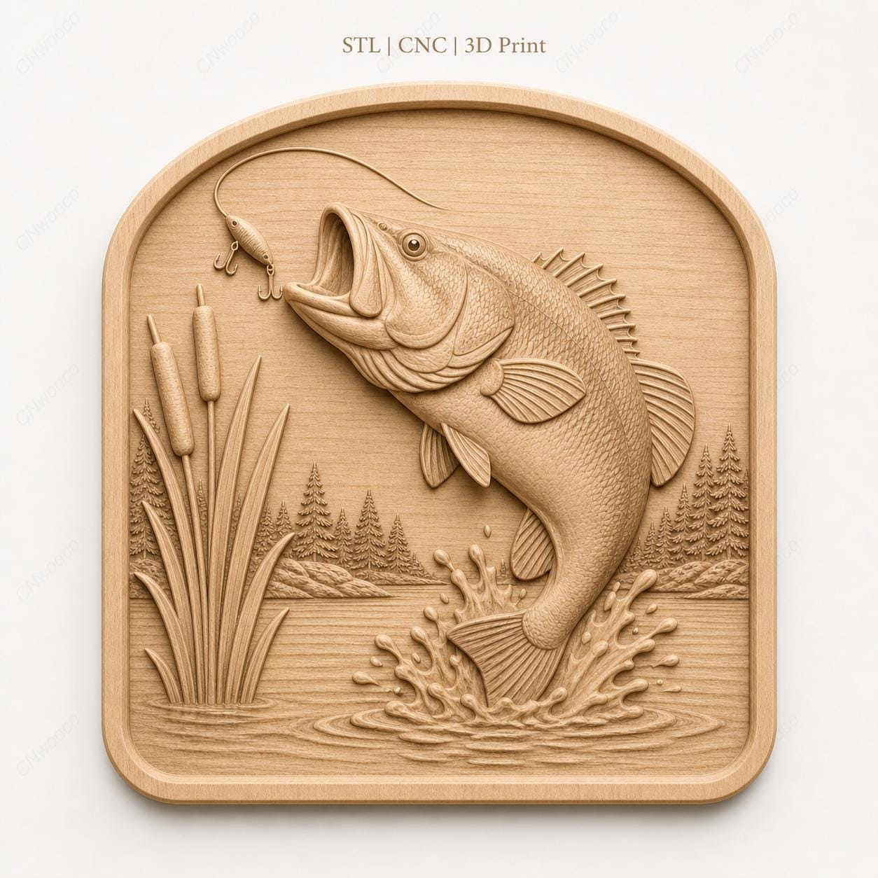 CNC & impression 3D relief poisson bass de pêche avec roseaux, fichier STL très haute qualité