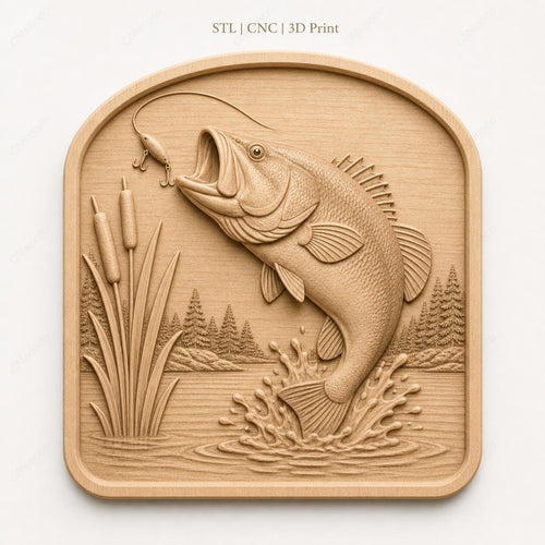 CNC & impression 3D relief poisson bass de pêche avec roseaux, fichier STL très haute qualité