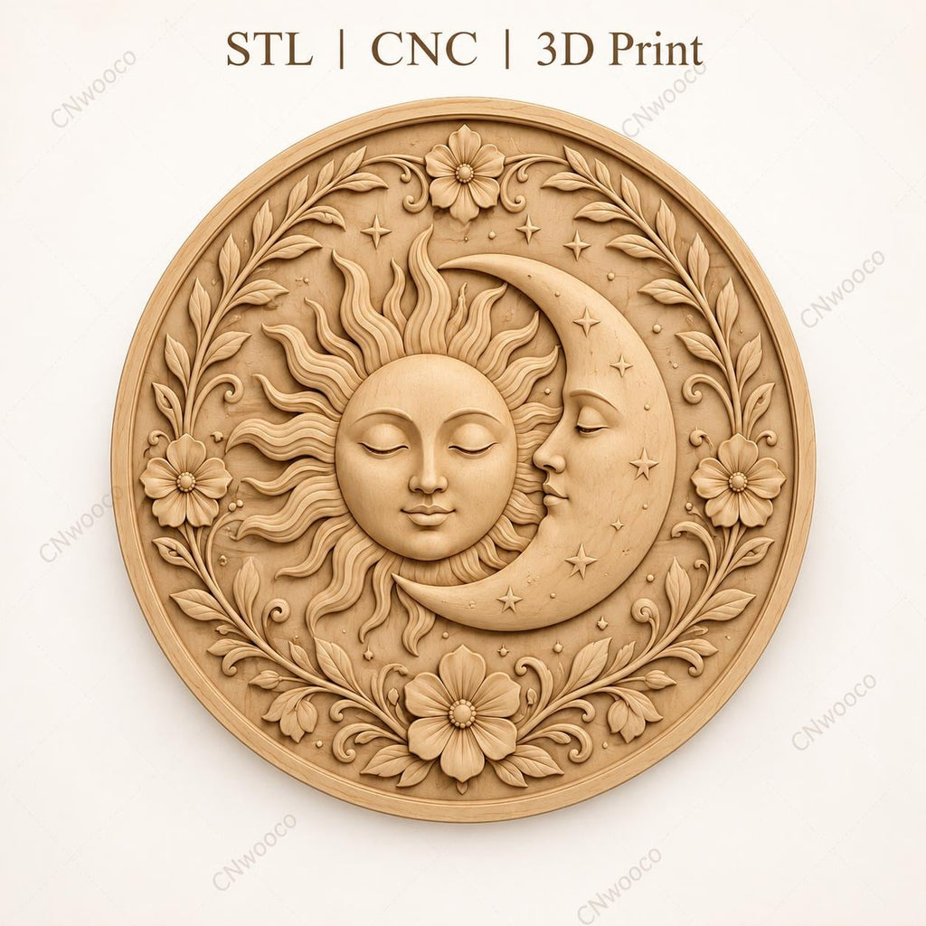 CNC & 3D-Druck Himmels-Sonnen- und Mondrelief mit Blumen, dekorative Datei für Holzgravur, hochwertiges STL