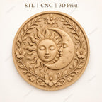 CNC & 3D-Druck Himmels-Sonnen- und Mondrelief mit Blumen, dekorative Datei für Holzgravur, hochwertiges STL