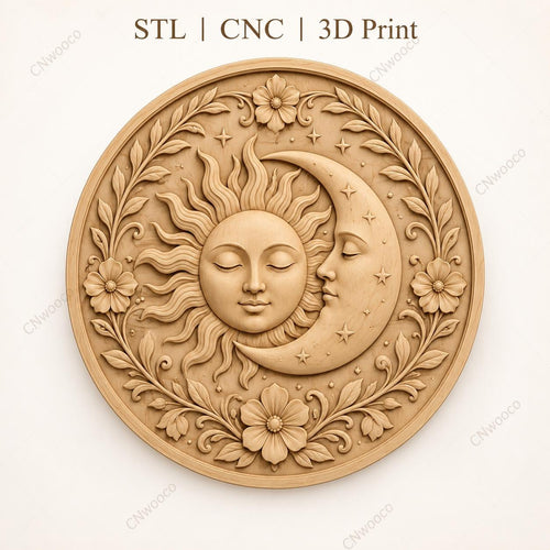 CNC & impression 3D relief soleil et lune céleste avec fleurs, fichier décoratif pour gravure bois, STL de haute qualité