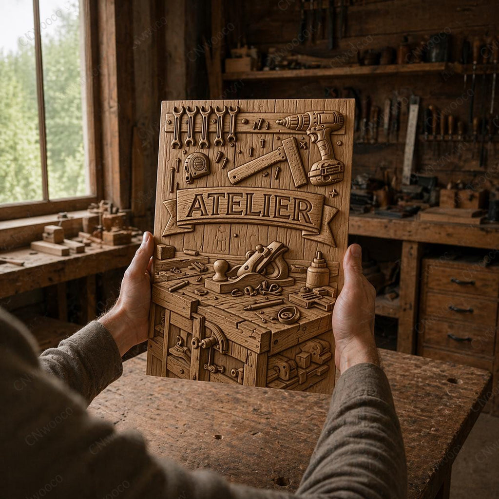 Bas-relief Atelier STL CNC – Panneau Atelier Menuiserie – Décoration Atelier Bois – Fichier CNC Routeur – Cadeau Menuisier – Compatible cnc