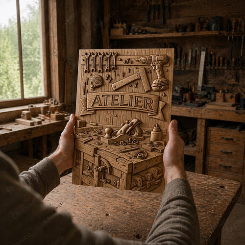 Bas-relief Atelier STL CNC – Panneau Atelier Menuiserie – Décoration Atelier Bois – Fichier CNC Routeur – Cadeau Menuisier – Compatible cnc