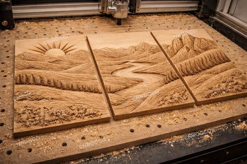 Fichier CNC pack paysages montagne 3 panneaux – bas-reliefs nature pour sculpture bois, décoration murale grand format STL