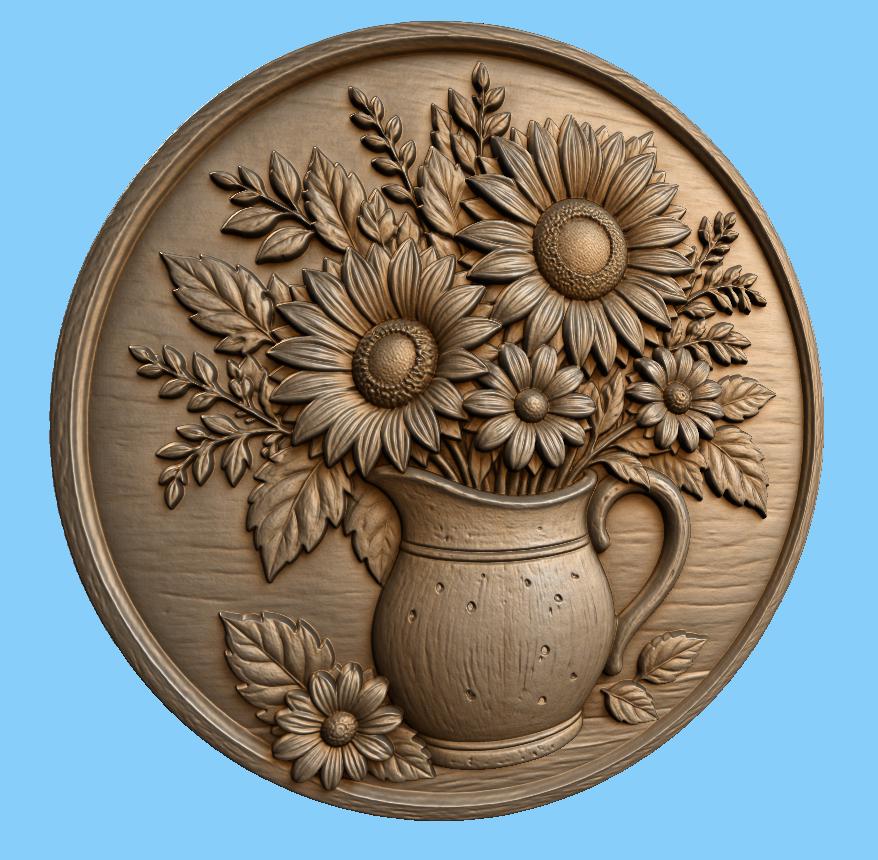 CNC & 3D-Reliefdruck Sonnenblumen in Kanne, florale Bauernhaus-Deko, STL-Datei sehr hohe Qualität