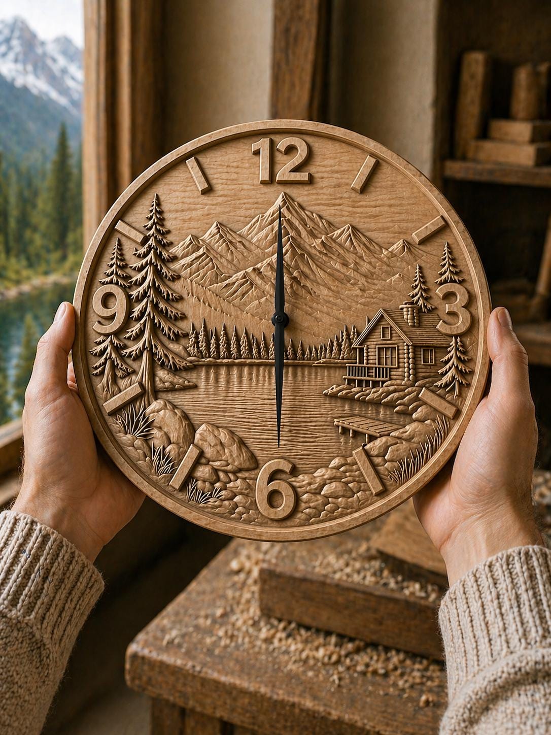 Fichier CNC horloge cabane montagne – bas-relief paysage nature pour sculpture bois, décoration murale STL