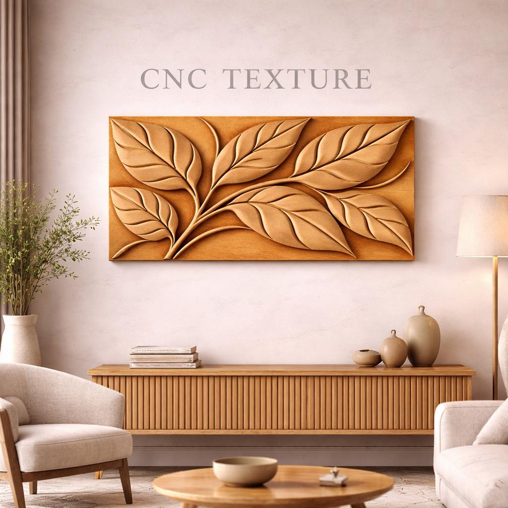 Fichier CNC panneau texture bois feuilles – bas-relief motif nature pour sculpture bois, design façade meuble et décoration murale STL