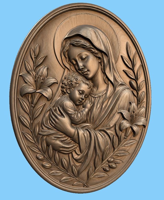 CNC & impression 3D relief Vierge Marie avec enfant Jésus, décoration catholique, fichier STL très haute qualité