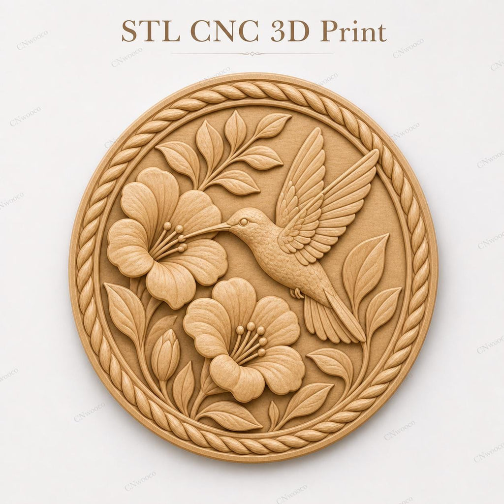 CNC & impression 3D colibri avec fleurs, STL de haute qualité pour sculpture bois et décoration murale