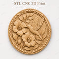 CNC & impression 3D colibri avec fleurs, STL de haute qualité pour sculpture bois et décoration murale
