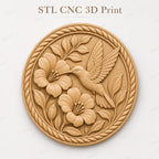 CNC & impression 3D colibri avec fleurs, STL de haute qualité pour sculpture bois et décoration murale