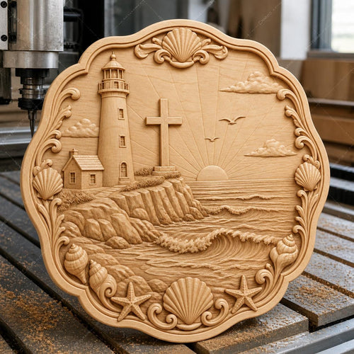 CNC & impression 3D relief phare avec croix bord de mer, fichier STL très haute qualité