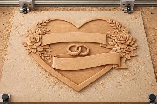 Fichier CNC & impression 3D cœur mariage avec anneaux – bas-relief romantique pour sculpture bois, décoration murale STL