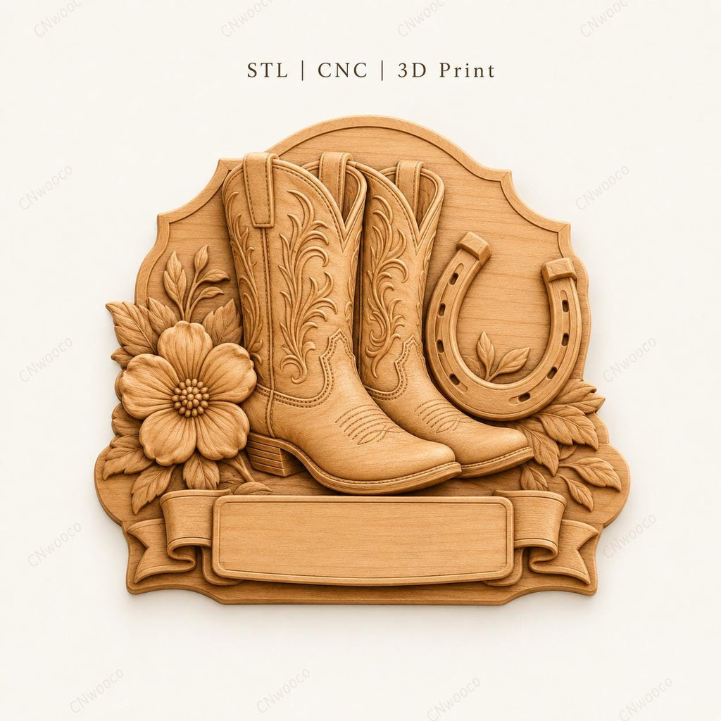 CNC & impression 3D relief bottes western et fer à cheval, fichier cowboy pour gravure bois, STL de haute qualité, à personnaliser