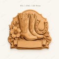 CNC & impression 3D relief bottes western et fer à cheval, fichier cowboy pour gravure bois, STL de haute qualité, à personnaliser