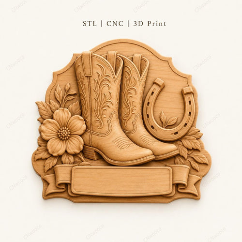 CNC & impression 3D relief bottes western et fer à cheval, fichier cowboy pour gravure bois, STL de haute qualité, à personnaliser