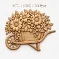 CNC & impression 3D relief brouette remplie de fleurs, décoration jardin floral, fichier STL très haute qualité