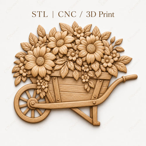 CNC & impression 3D relief brouette remplie de fleurs, décoration jardin floral, fichier STL très haute qualité