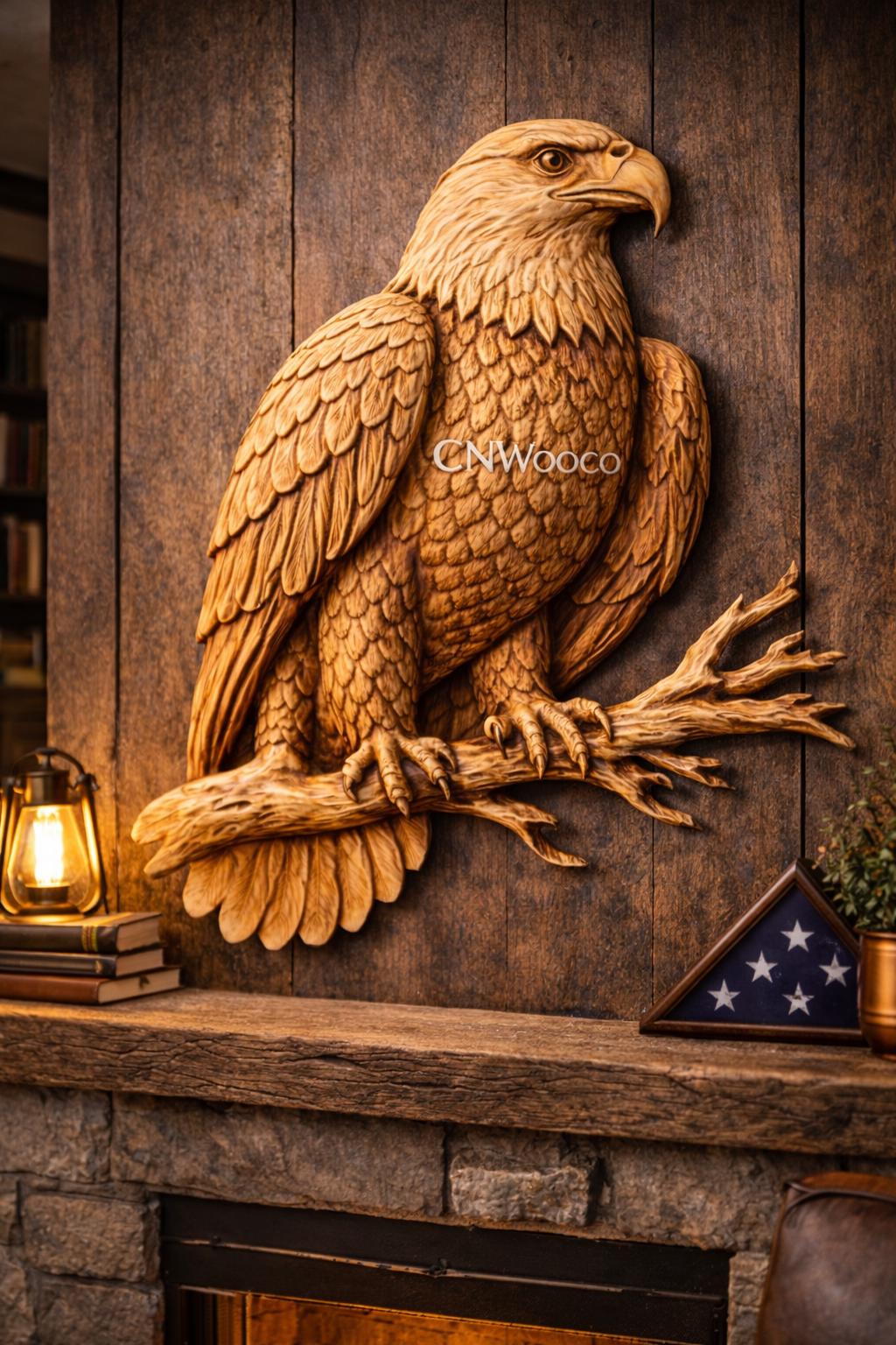 CNC-Datei amerikanischer Adler auf Ast, Wildlife-Flachrelief Holz, Wanddekoration USA, Holzskulptur, 3D STL Gravurmodell